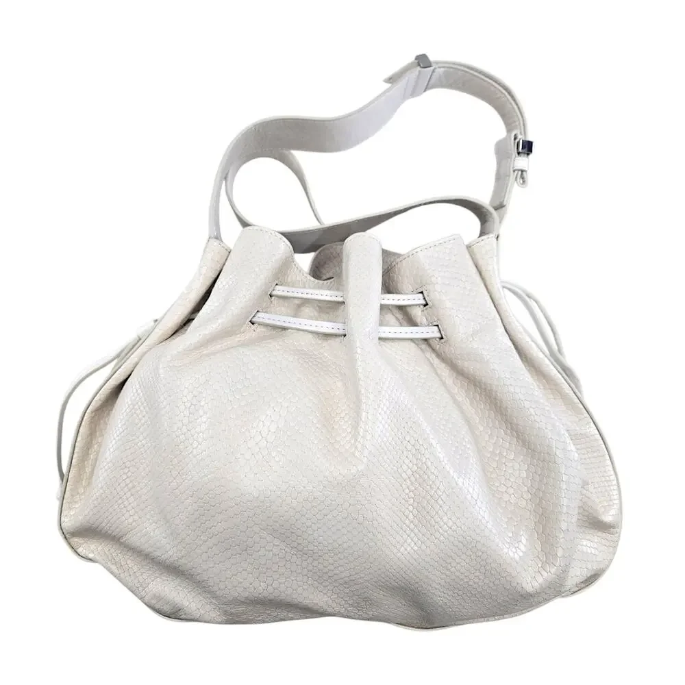 Halston Heritage Snakeskin Leather Drawstring Shoulder Bag Ivory Designer Purse